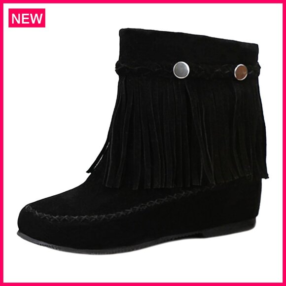 Suede Tassel Ankle Boots Hidden Wedge Heel Western Booties Slip On